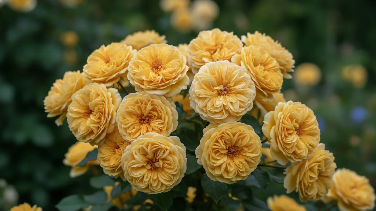 Charlotte (Rosa 'Auspoly') - yellow flowers, illustrated plant card