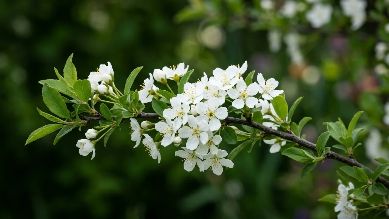 Western Sand Cherry (Prunus pumila var. besseyi) - white flowers, illustrated plant card