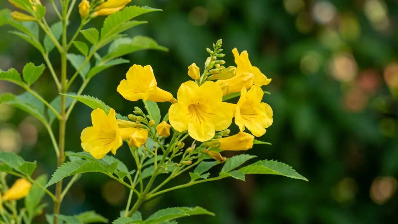 Chicklet Gold Tecoma (Tecoma stans 'Smntsc') - yellow flowers, illustrated plant card
