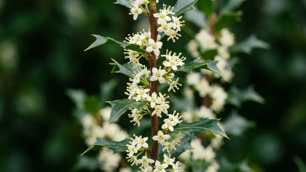 China Girl Holly (Ilex 'Mesog') - white flowers, illustrated plant card