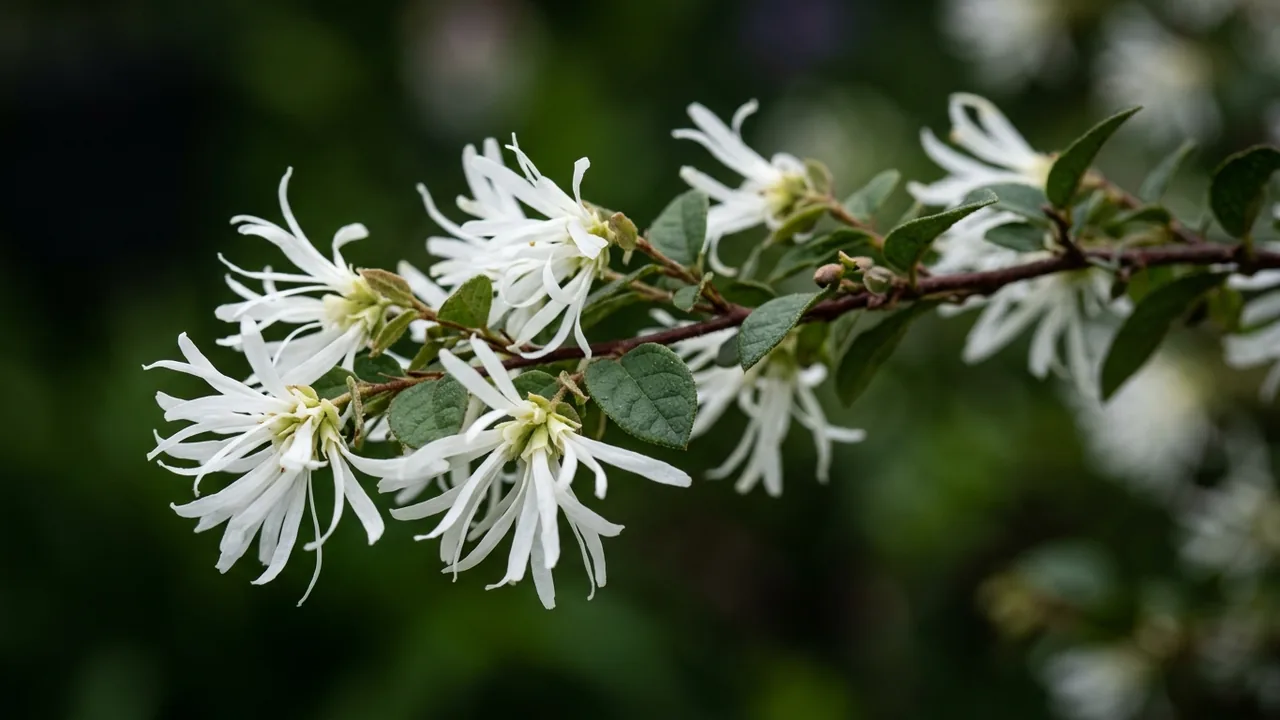 Chinese Fringe Flower (Loropetalum chinense) - white flowers, illustrated plant card