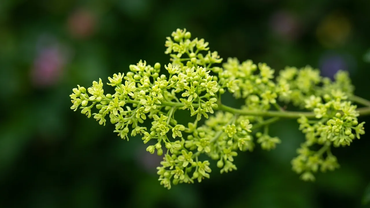 Chinese Pistache (Pistacia chinensis) - red flowers, illustrated plant card