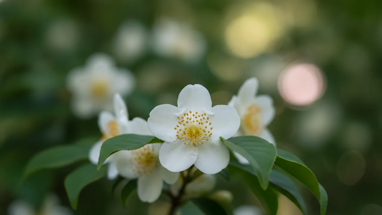 Chinese Stewartia (Stewartia sinensis) - white flowers, illustrated plant card