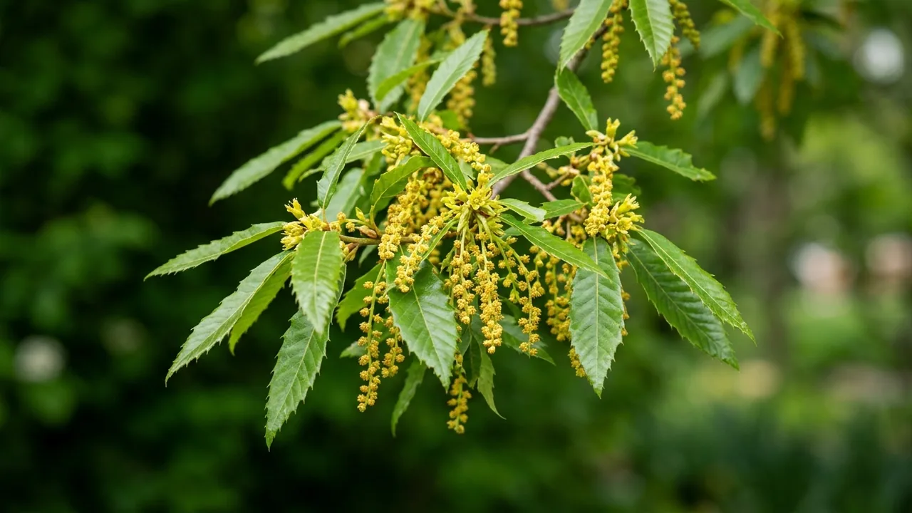 Chinkapin Oak (Quercus muehlenbergii) - yellow flowers, illustrated plant card