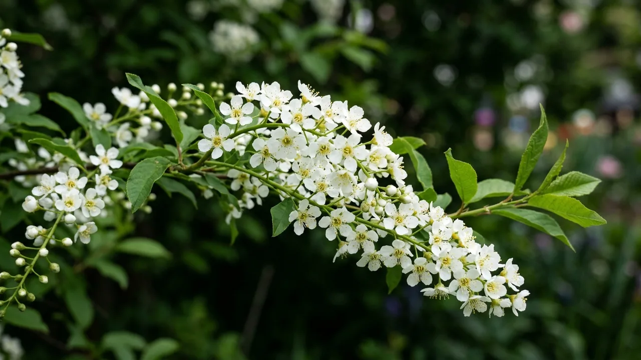 Chokecherry (Prunus virginiana) - white flowers, illustrated plant card