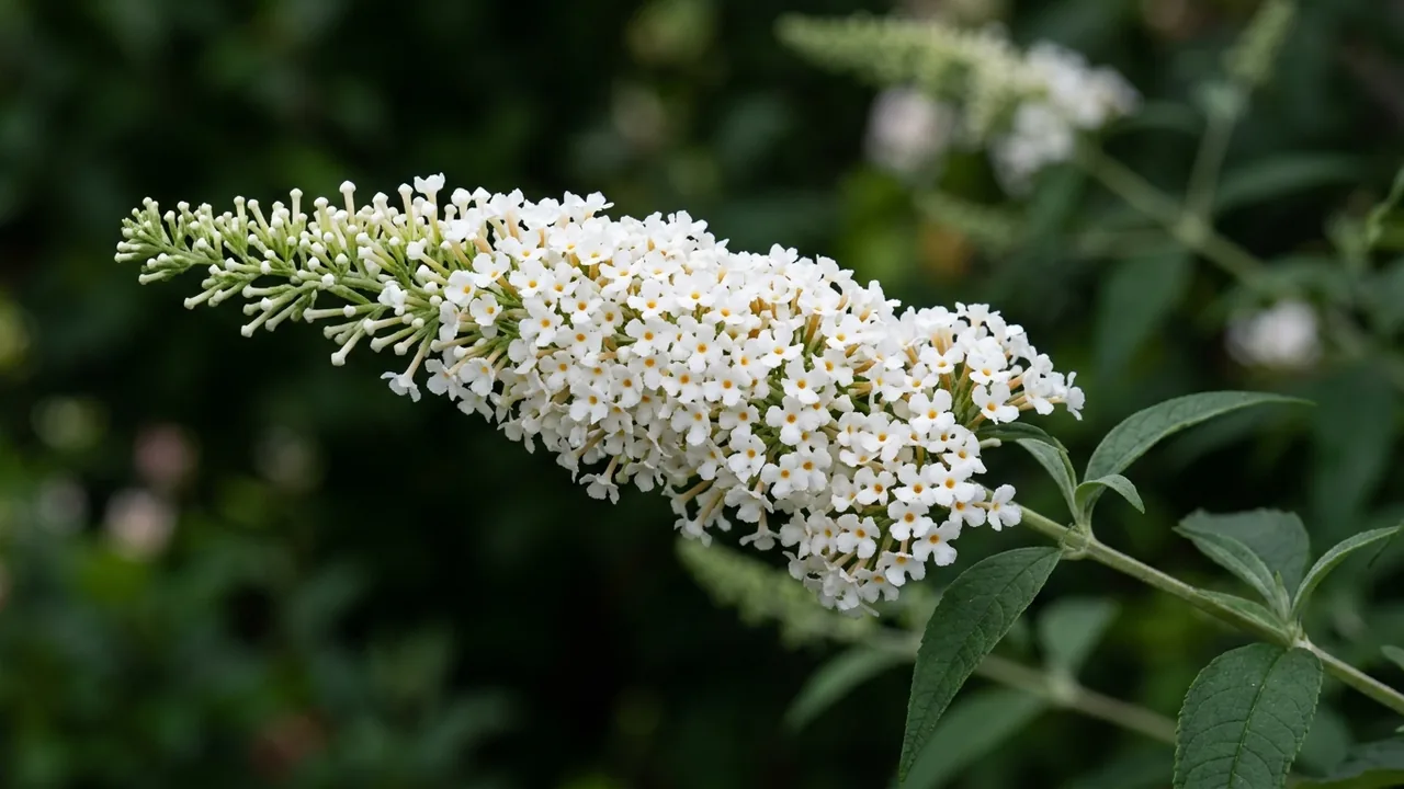 Chrysalis White Butterfly Bush (Buddleia 'Balchryite') - white flowers, illustrated plant card