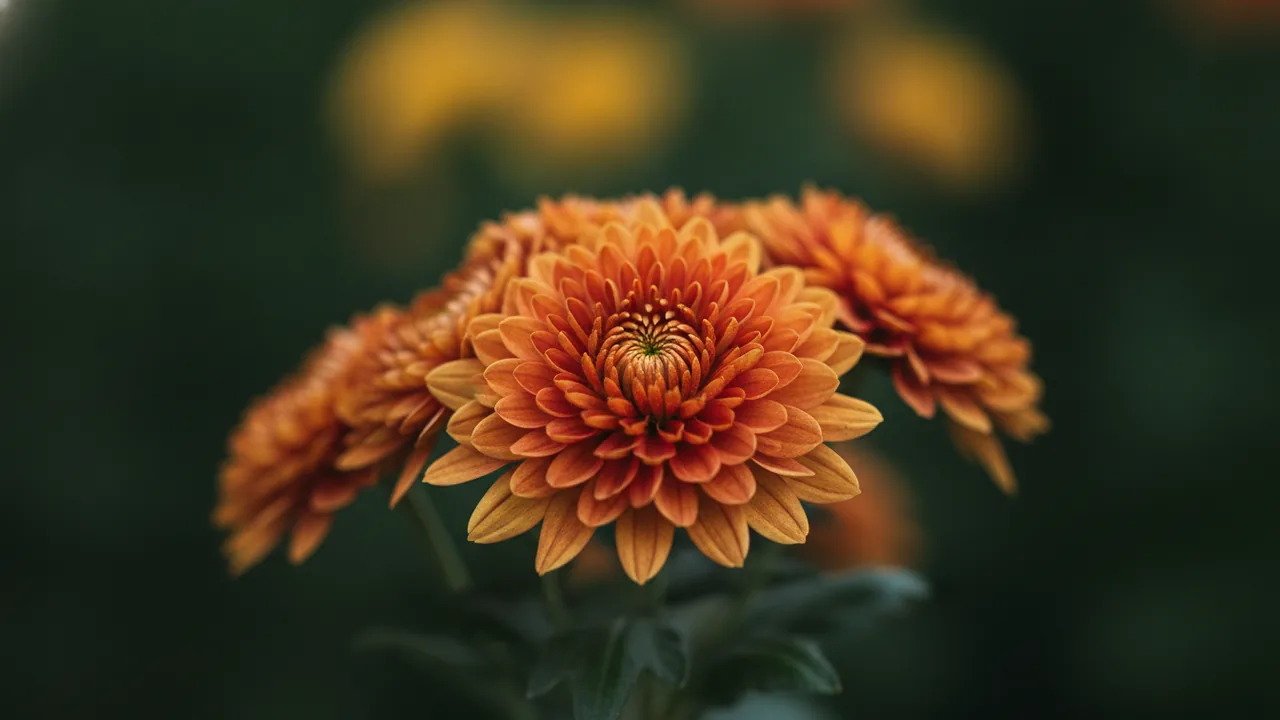 Bronze Mum (Chrysanthemum 'Bronze') - orange flowers, illustrated plant card