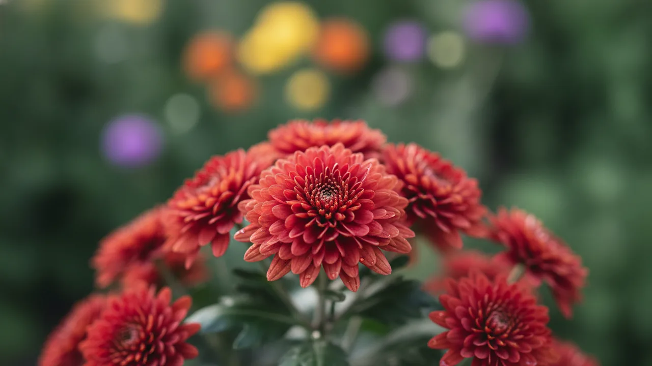Burgundy Mum (Chrysanthemum 'Burgundy') - red flowers, illustrated plant card