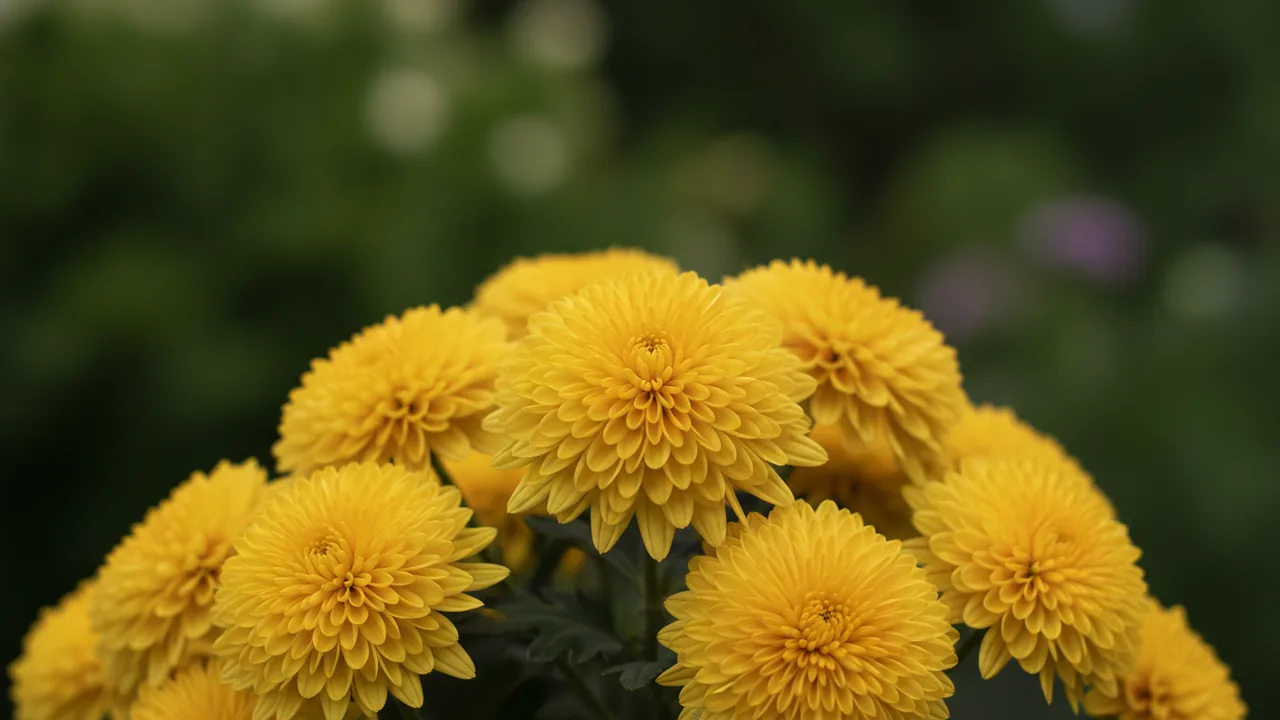 Gold Mum (Chrysanthemum 'Gold') - yellow flowers, illustrated plant card