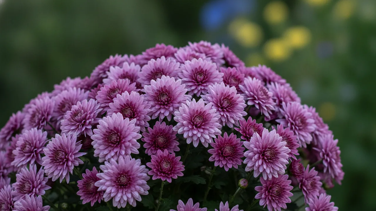 Lavender Mum (Chrysanthemum 'Lavender') - purple flowers, illustrated plant card