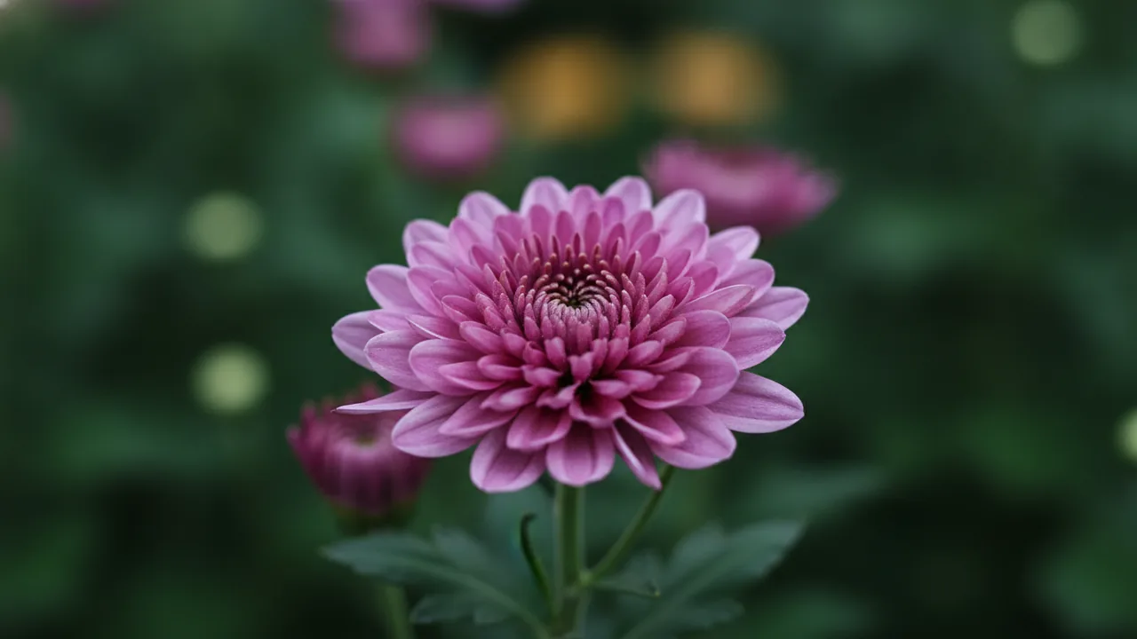 Purple Mum (Chrysanthemum 'Purple') - purple flowers, illustrated plant card