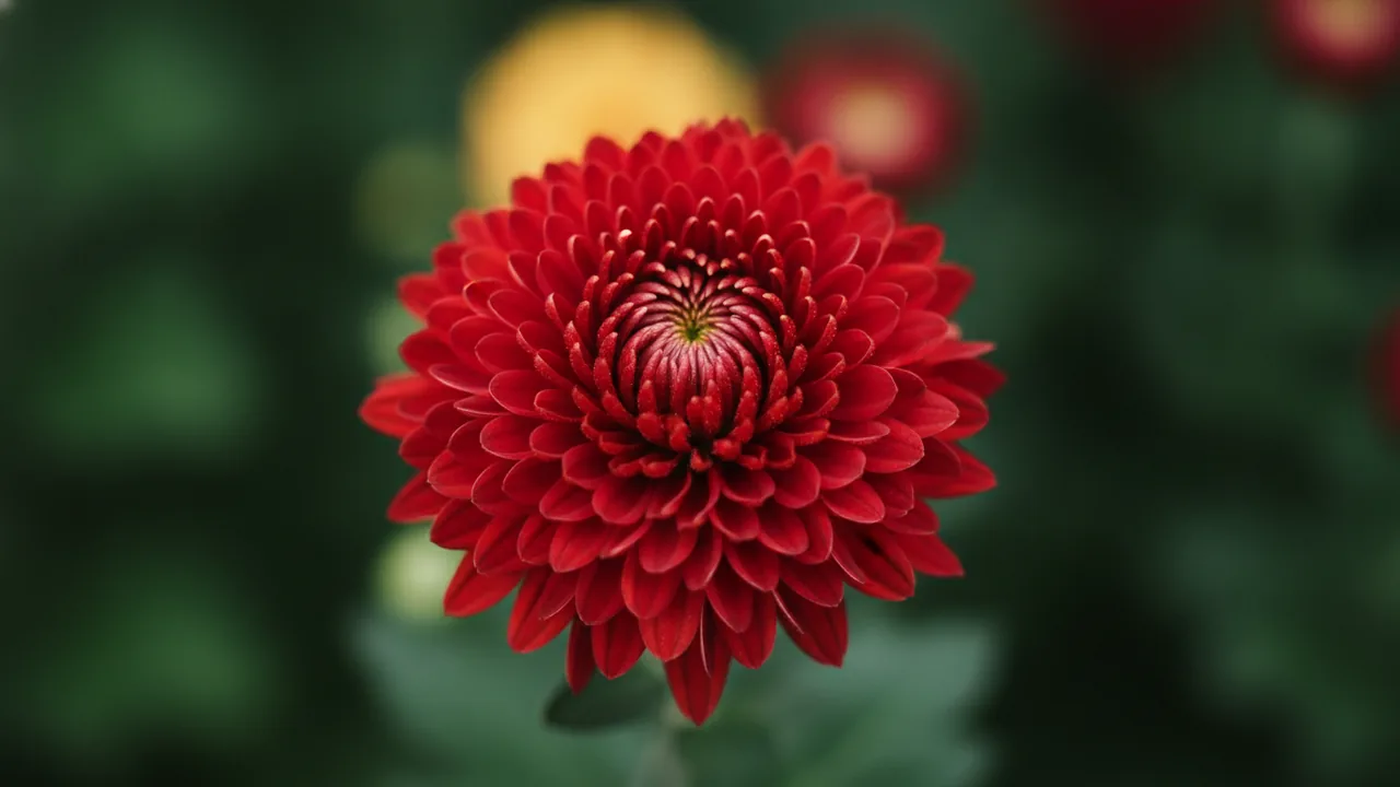 Red Mum (Chrysanthemum 'Red') - red flowers, illustrated plant card