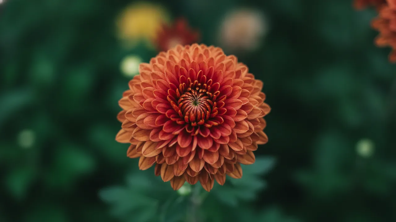 Rust Mum (Chrysanthemum 'Rust') - red flowers, illustrated plant card