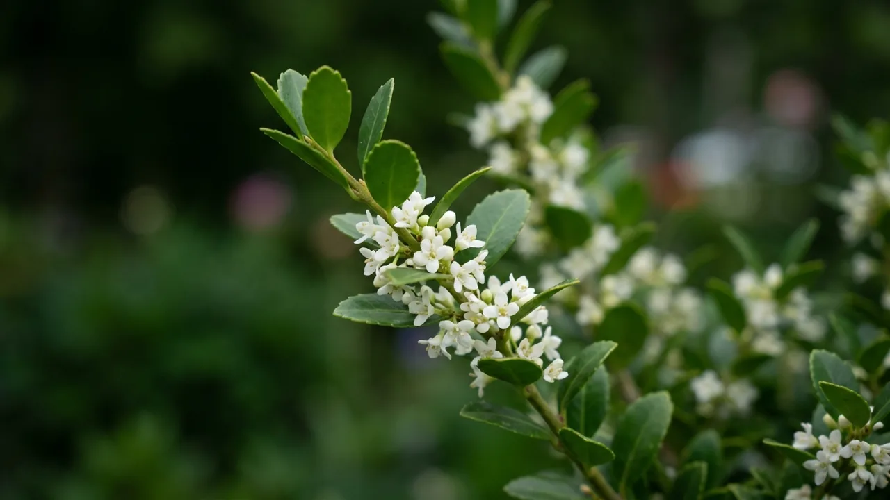 Chubby Hubby Japanese Holly (Ilex crenata 'Mad-ic-i') - white flowers, illustrated plant card