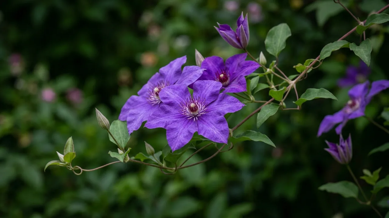Adam's Courage Clematis (Clematis 'Adam's Courage') - purple flowers, illustrated plant card
