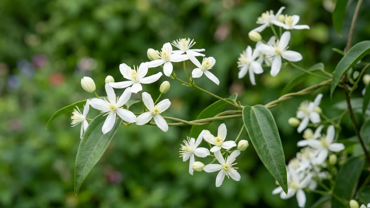 Armandii Snowdrift Clematis (Clematis armandi 'Snowdrift') - white flowers, illustrated plant card