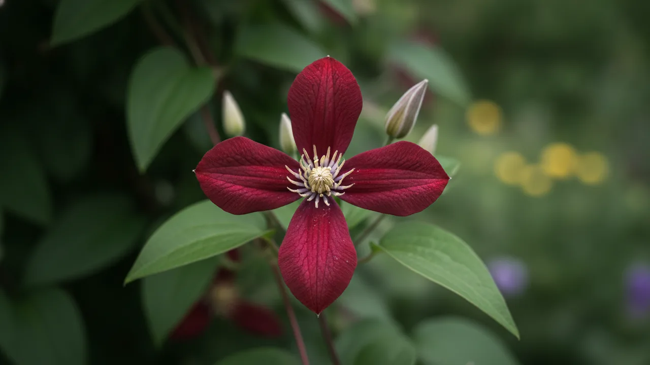 Avant-garde Clematis (Clematis 'Evipo033') - red flowers, illustrated plant card