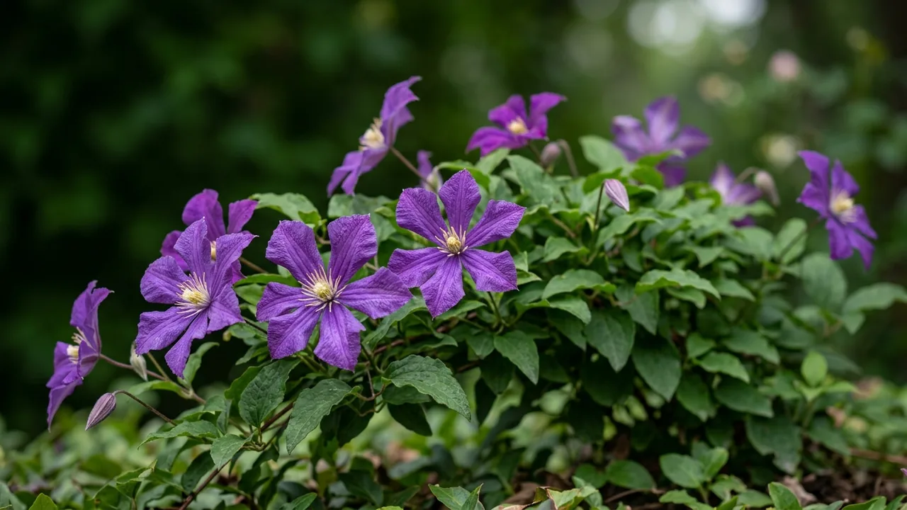 Bijou Clematis (Clematis 'Evipo030') - purple flowers, illustrated plant card
