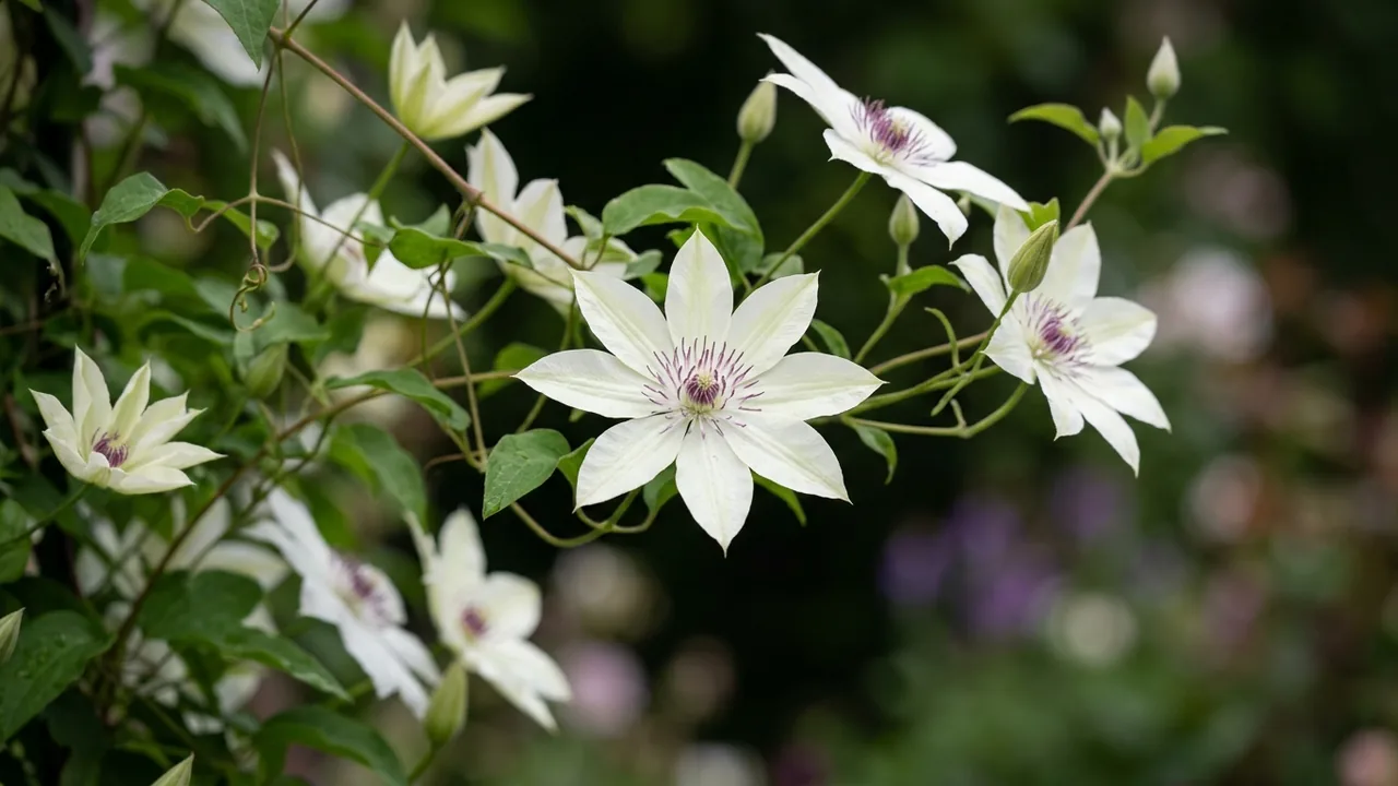 Kitty Clematis (Clematis 'Evipo097') - white flowers, illustrated plant card