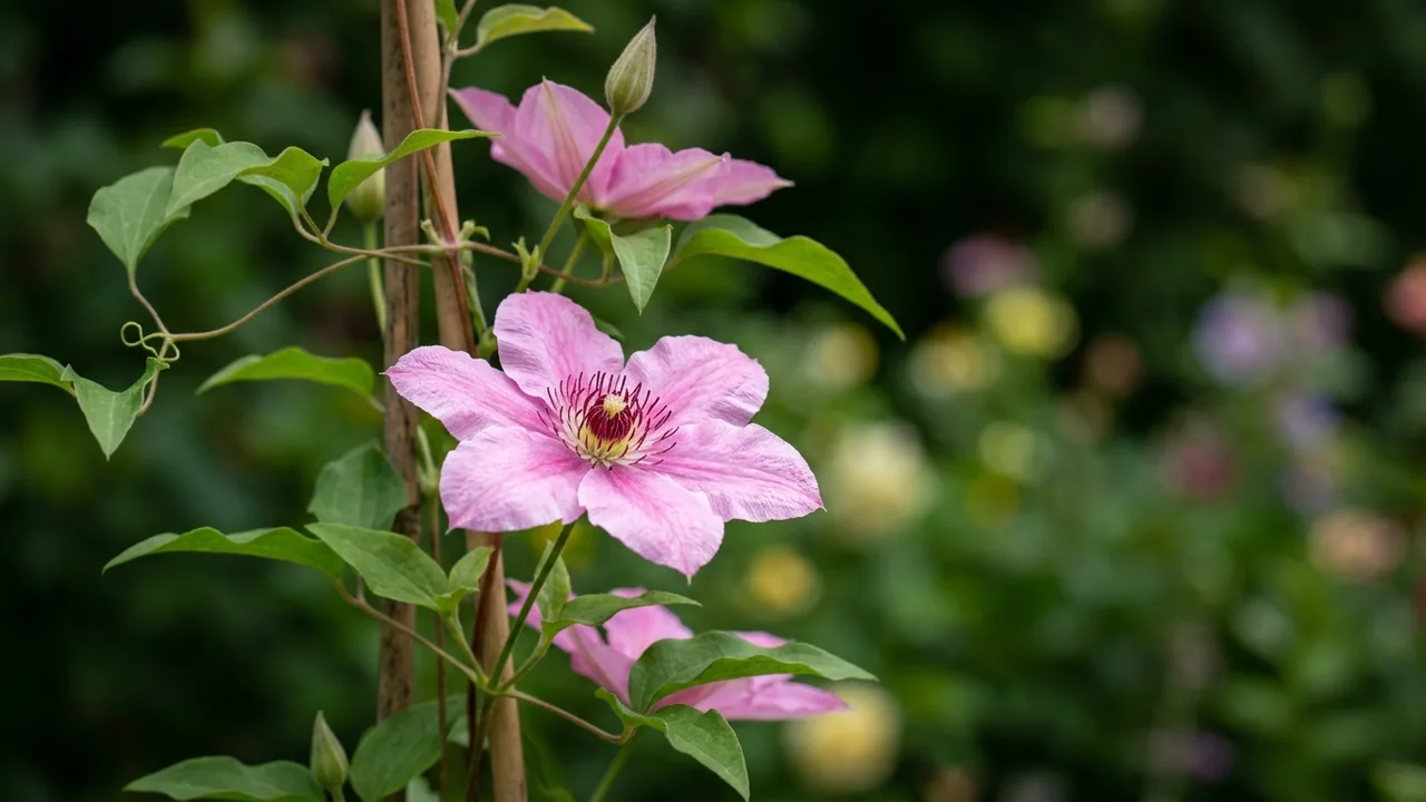 Sarah Elizabeth (Clematis 'Evipo098') - pink flowers, illustrated plant card