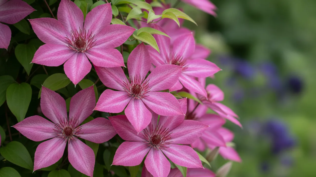 Comtesse de Bouchaud (Clematis 'Comtesse de Bouchaud') - pink flowers, illustrated plant card