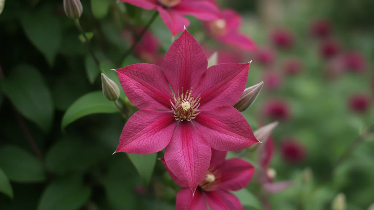 Ernest Markham (Clematis 'Ernest Markham') - red flowers, illustrated plant card