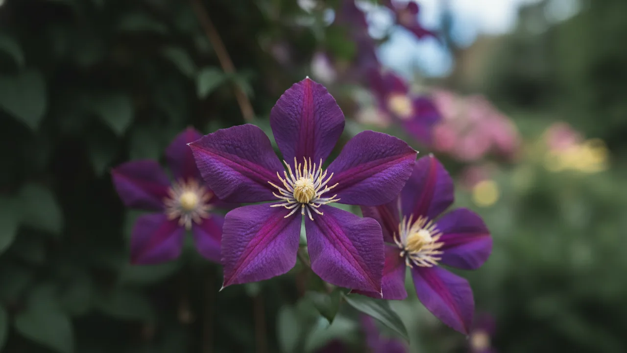 Gipsy Queen (Clematis 'Gipsy Queen') - purple flowers, illustrated plant card
