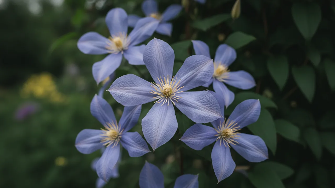 Multi Blue (Clematis 'Multi Blue') - blue flowers, illustrated plant card
