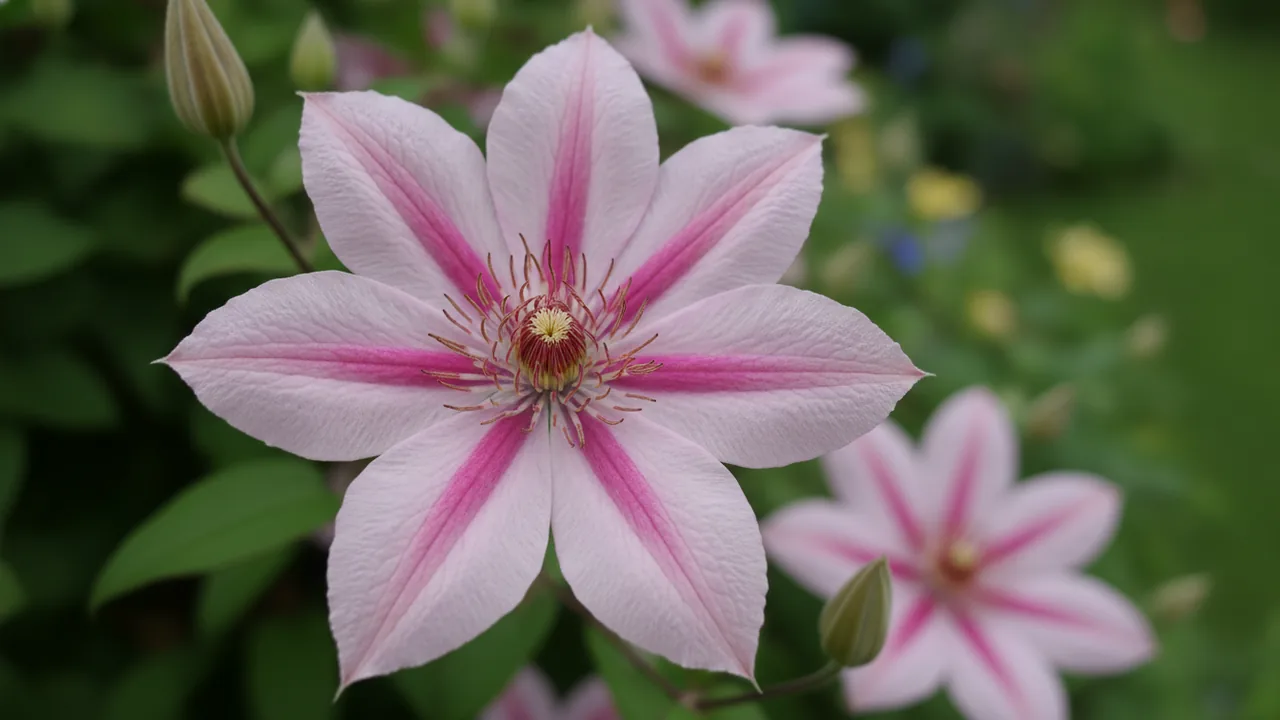 Nelly Moser (Clematis 'Nelly Moser') - pink flowers, illustrated plant card