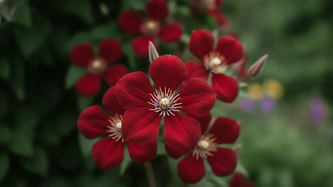 Niobe (Clematis 'Niobe') - red flowers, illustrated plant card