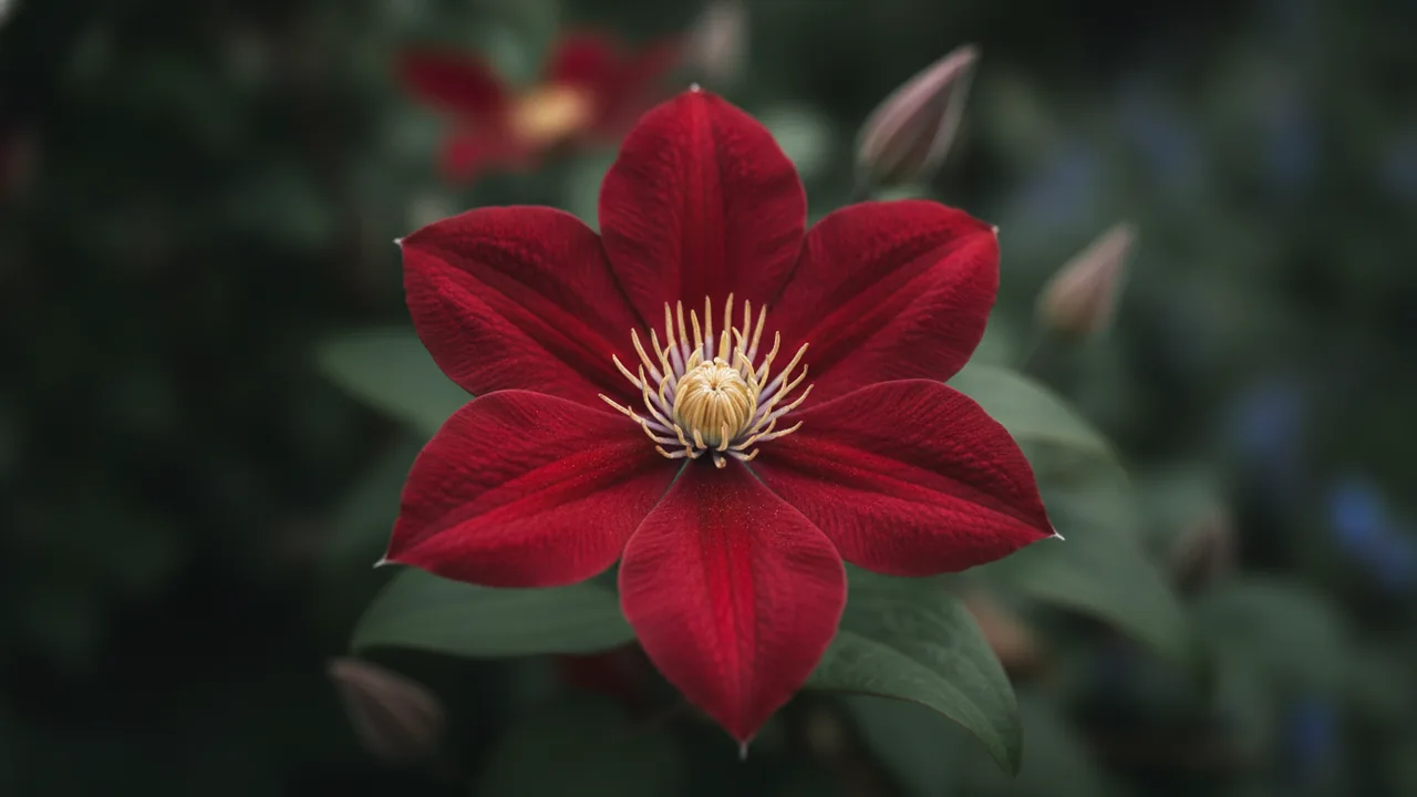Rouge Cardinal (Clematis 'Rouge Cardinal') - red flowers, illustrated plant card