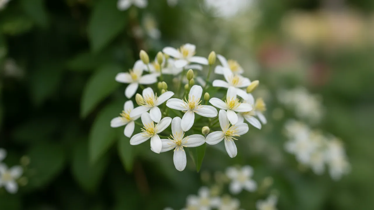 Sweet Autumn Clematis (Clematis terniflora) - white flowers, illustrated plant card