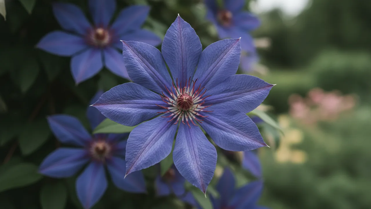 The President (Clematis 'The President') - purple flowers, illustrated plant card