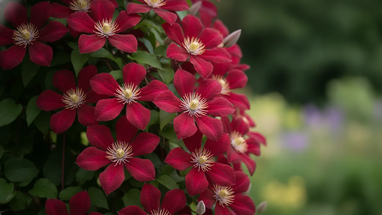 Ville de Lyon (Clematis 'Ville de Lyon') - red flowers, illustrated plant card