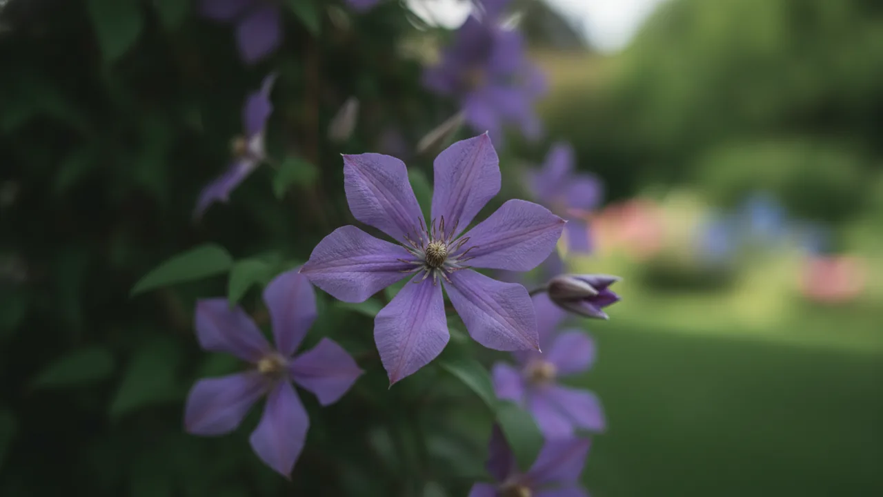 Clematis in bloom, illustrated plant card
