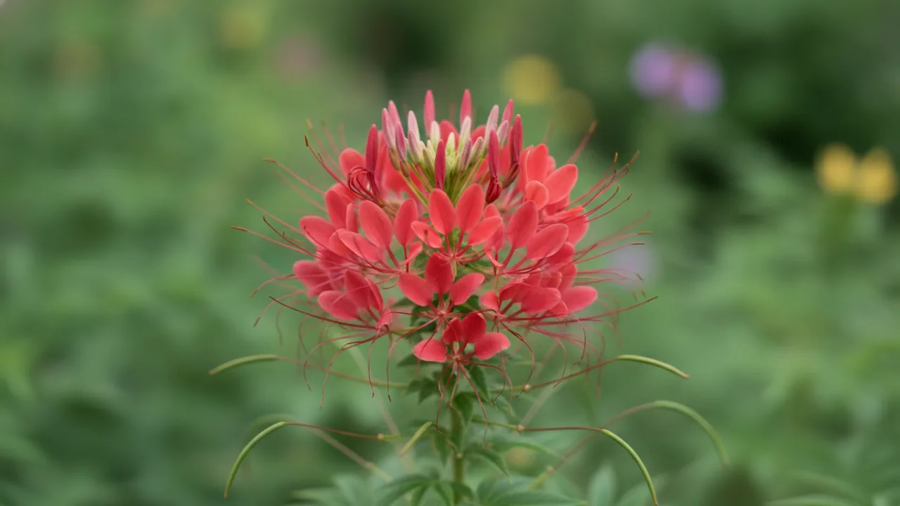 Cherry Queen (Cleome hassleriana 'Cherry Queen') - red flowers, illustrated plant card