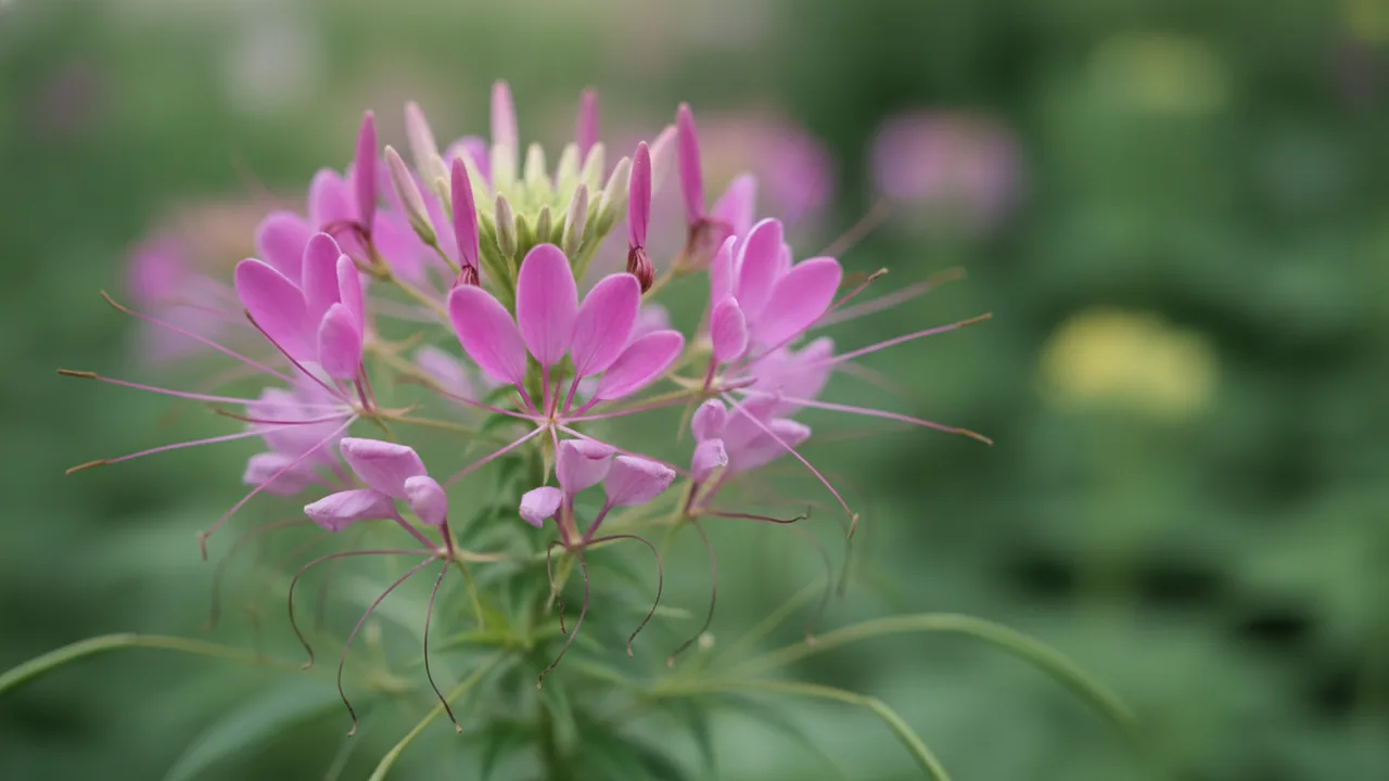 Rose Queen (Cleome hassleriana 'Rose Queen') - pink flowers, illustrated plant card