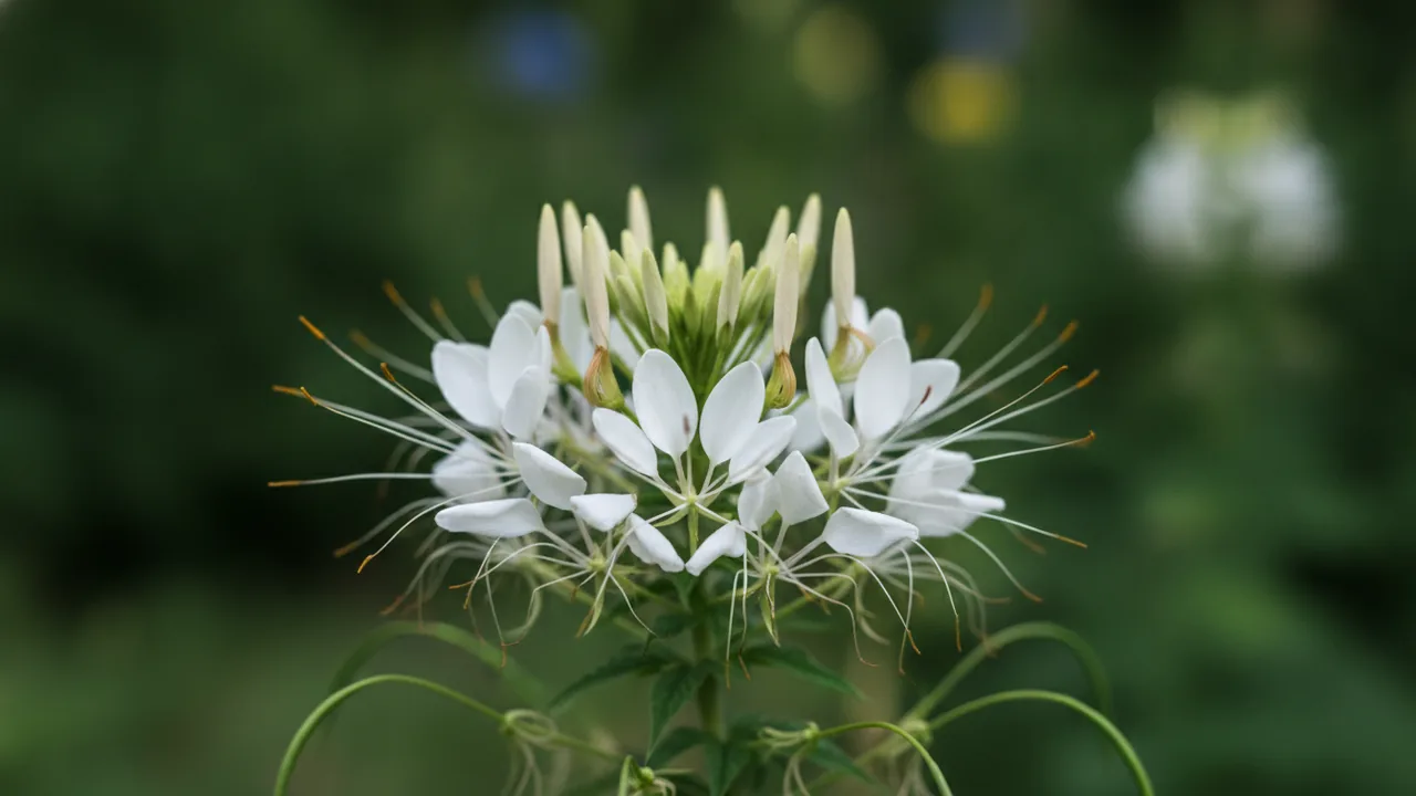 White Queen (Cleome hassleriana 'White Queen') - white flowers, illustrated plant card