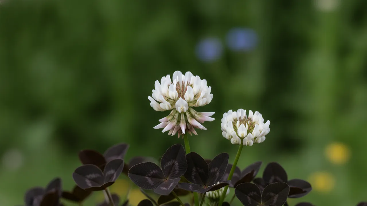 Dark Dancer (Trifolium repens 'Atropurpureum') - purple flowers, illustrated plant card
