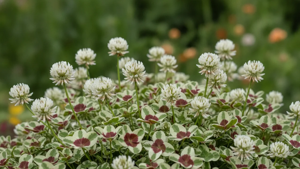 Dragon's Blood (Trifolium repens 'Dragon's Blood') - white flowers, illustrated plant card