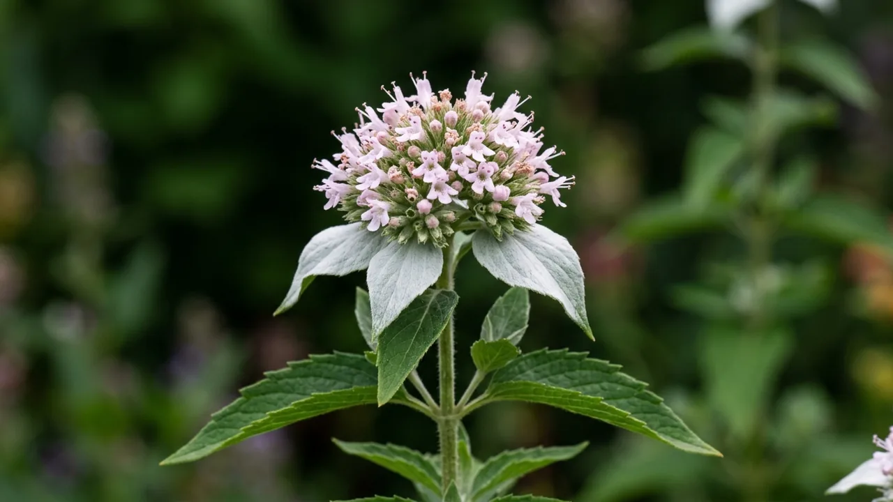 Clustered Mountain Mint (Pycnanthemum muticum) - pink flowers, illustrated plant card