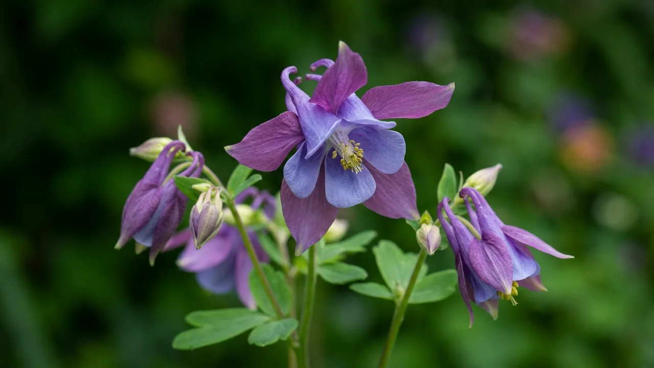 Earlybird Purple Blue Columbine (Aquilegia 'Pas1258487') - purple flowers, illustrated plant card