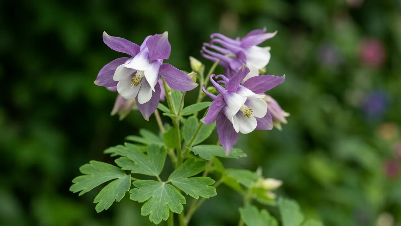 Earlybird Purple White Columbine (Aquilegia 'Pas1258486') - purple flowers, illustrated plant card