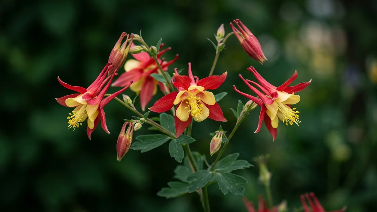Western Columbine (Aquilegia formosa) - red flowers, illustrated plant card