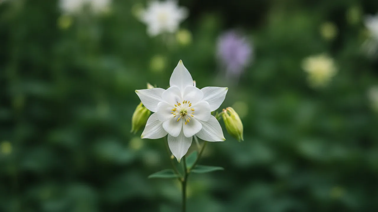 White Columbine (Aquilegia) - white flowers, illustrated plant card