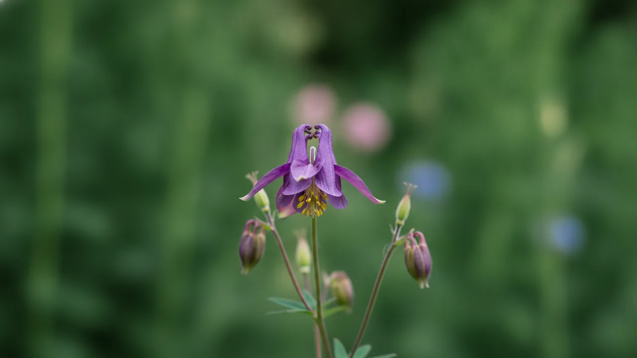 Columbine (Aquilegia) - purple flowers, illustrated plant card