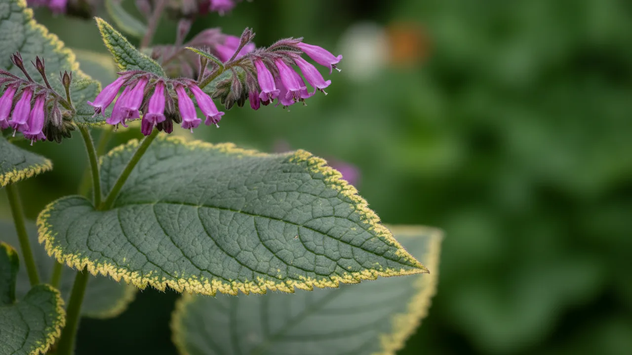 Axminster Gold (Symphytum × uplandicum 'Axminster Gold') - pink flowers, illustrated plant card