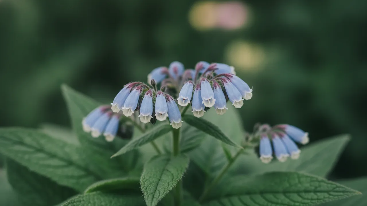 Hidcote Blue (Symphytum 'Hidcote Blue') - blue flowers, illustrated plant card