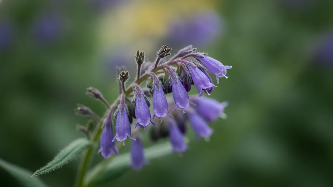 Common Comfrey (Symphytum officinale) - purple flowers, illustrated plant card