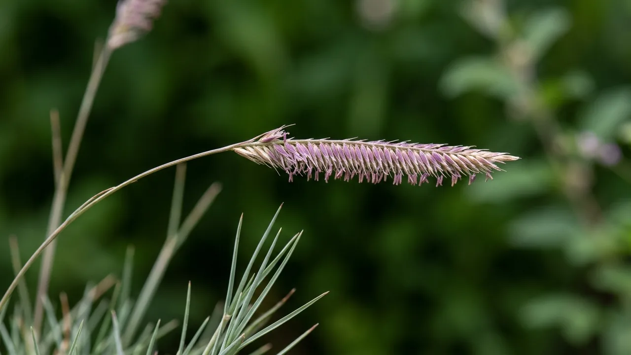 Common Blue Grama Grass (Bouteloua gracilis) - purple flowers, illustrated plant card
